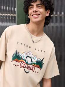 Open Phase 2025 Men's Fashion Mountain Print Drop Shoulder Casual Daily Wear Short Sleeve T-Shirt, Spring/Summer , Retro American, Unisex, Relaxed Fit Summer Outfits – Suitable For Everyday Wear And Summer Holiday Outfits. - Apricot - View 5