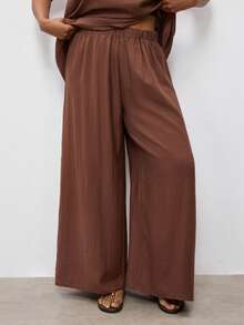 Maija Plus Size Brown Summer Casual Business Vacation Linen 2 Piece Set For Women, Sleeveless One Shoulder Top And Wide Leg Pants Outfits Gym - Rust Brown - View 6