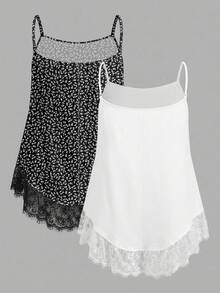 SHEIN EZwear 两件套休闲度假浪漫印花及纯白色加大码女式吊带背心和吊带衫，适合夏季、海滩、音乐节等场合。 - 彩色 - 查看 2