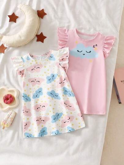 Summer Lightweight Baby Girls' Colorful Cartoon Cloud & Star Print 2 Pieces Set Loose Fit Nightgown Pajamas, Summer