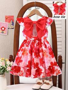 SHEIN Elladie kids 女童春夏休闲时尚新款连衣裙，背面饰有红色蝴蝶结，梭织面料印有彩色花卉图案，无袖修身A字连衣裙，面料柔软舒适，适合可爱、休闲、日常、上学、度假、派对等场合。儿童时尚红色蝴蝶结连衣裙，童装，可爱女童连衣裙，女童花卉连衣裙，夏季服装，优雅派对连衣裙，柔软连衣裙。儿童连衣裙，儿童花卉连衣裙，夏季服装，柔软连衣裙。 - 紅色 - 查看 5