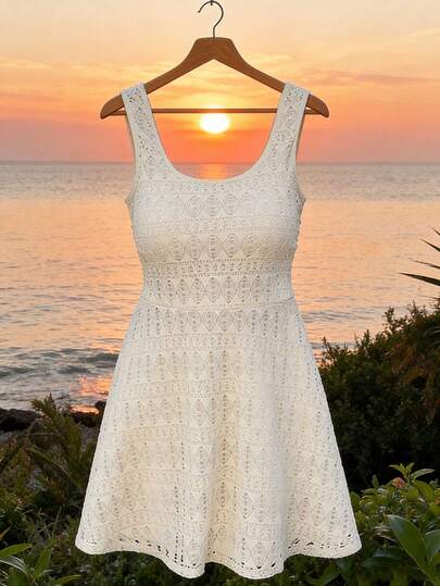 Breezaya Plus Size Square Neck Sleeveless A-Line Lace Patchwork Knitted Dress For Women, Spring/Summer