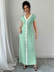 Selianne Women's Short Sleeve Front Button Two-Tone Dress - Green - View 4