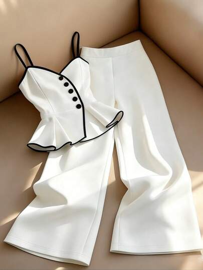 Franclia Conjunto Casual Feminino de 2 Peças com Regata e Calça com Acabamento Contrastante