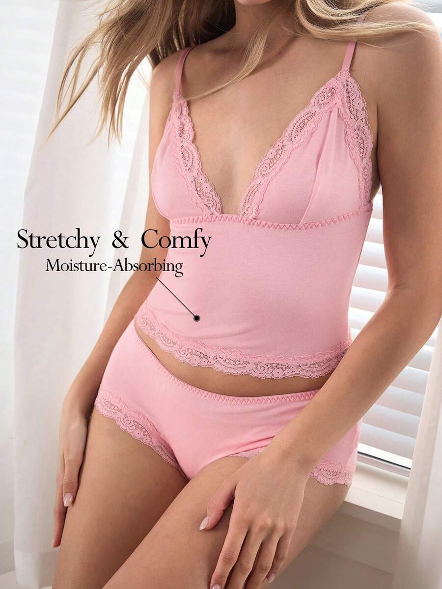 Ocili 2pcs Lace Comfortable Minimalist Casual Camisole & Shorts Pajama Set For Women - Pink - View 1