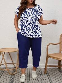 EMERY ROSE 大码女式全印花圆领上衣和裤子休闲两件套 - 寶藍色 - 查看 3