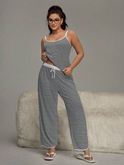 HautHeat Plus Size Women Striped Camisole And Pants Pajama Set