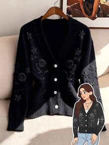 GlowEve CURVE 优雅法式刺绣宽松V领开衫外套，适合大码女性，秋冬季穿着 - 黑色 - 查看 1