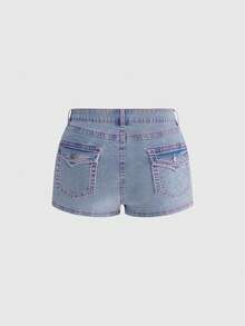 ROMWE Y2K Summer Versatile Streetwear Inspired Pink Accent Line Design High Stretch Fabric Plus Size Women Skinny Denim Mini Shorts - Baby Blue - View 1