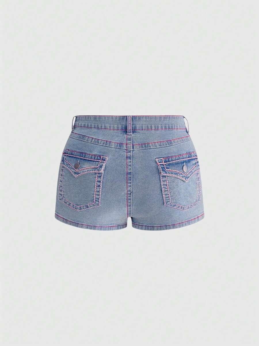 ROMWE Y2K Summer Versatile Streetwear Inspired Pink Accent Line Design High Stretch Fabric Plus Size Women Skinny Denim Mini Shorts - Baby Blue - View 1
