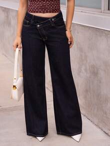 Andrea Bello Women's Asymmetrical Waist Loose Fit Jeans - Dark Wash - View 5