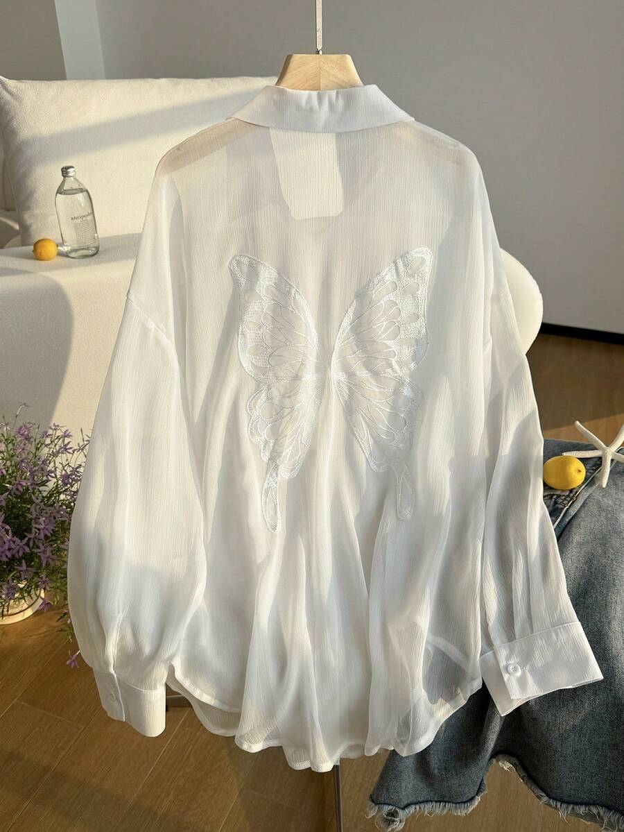Comfortcana 大码女式蝴蝶装饰白色薄纱长袖衬衫，春夏款，适合2026年嘉年华女性造型，外出、海滩、度假、休闲、夏季上衣 - 白色 - 查看 1