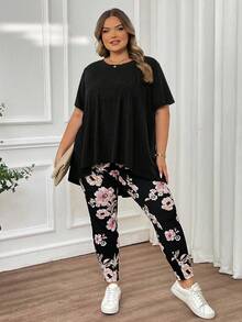 SHEIN CURVE+ 大码女装夏季纯色圆领短袖不对称下摆T恤和印花休闲裤两件套，夏季/乡村/海滩度假装/海滩装/沙滩服饰 - 黑色 - 查看 8