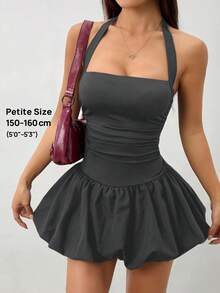SHEIN PETITE 女款綁帶領露背純色簡約休閒迷你泡泡裙，夏季女裝，適合嬌小女性 - 深灰色 - 查看 10