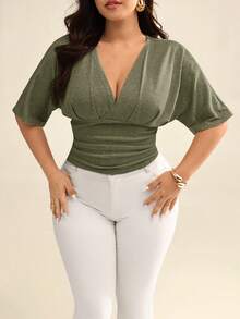 Auralis Plus Size Sexy Solid Deep V-Neck Cinched Waist T-Shirt, Summer - Red Violet - View 4
