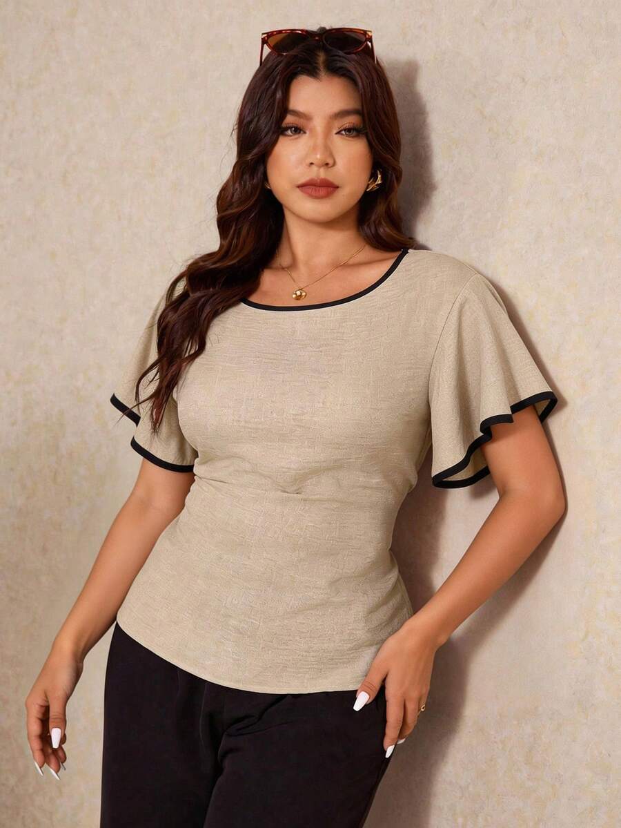 Elaquor Áo sơ mi mùa hè dáng rộng, phối màu tương phản, thắt eo, dành cho người có thân hình mũm mĩm. - Màu be - Xem 1