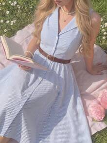 Vestido de mujer elegante y vintage con bolsillos y cinturón, vestido camisa casual para oficina, vacaciones y verano.Vestidos de verano para mujer, atuendos de vacaciones , - Azul y blanco - Ver 2