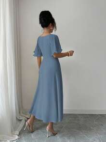 Modelyn Đầm mùa hè kiểu Pháp dành cho nữ, màu vàng bơ trơn, chất liệu chiffon, thiết kế tay bồng. - Xám Xanh - Xem 2