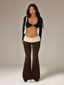 SHEIN PETITE Quần ống loe xếp ly cạp gập phối màu tương phản dành cho nữ, kiểu dáng thường ngày. - Nhiều màu - Xem 3