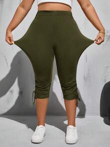 SHEIN Essnce Quần legging lửng màu đen co giãn cao, thoải mái, đa năng dành cho nữ cỡ lớn, thích hợp mặc hàng ngày vào mùa xuân và hè, kiểu dáng đơn giản, quần công sở, quần nữ, quần đi chơi. - xanh quân đội - Xem 4