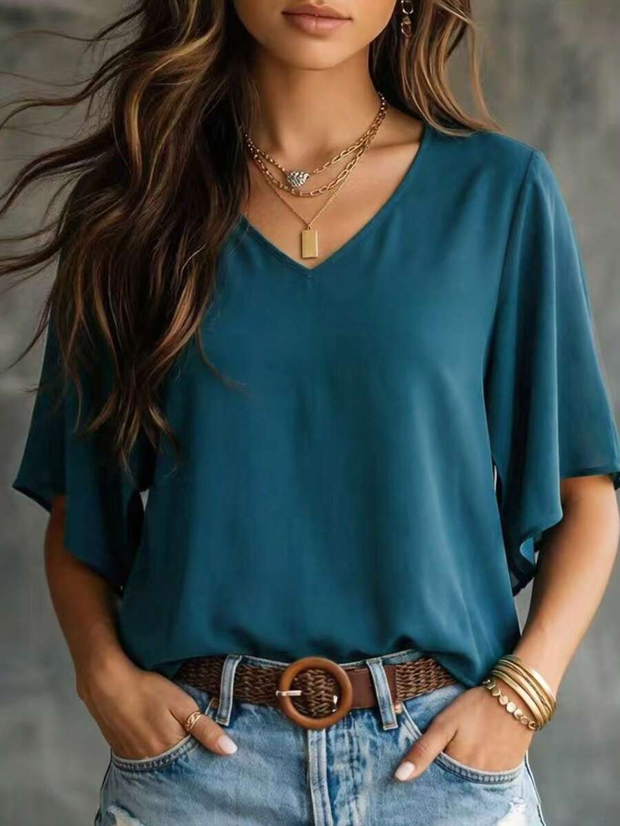LUMIGAL Women's Solid Color Short Sleeve V-Neck Blouse, Minimalist And Fashionable, Suitable For Summer - Teal Blue - View 1