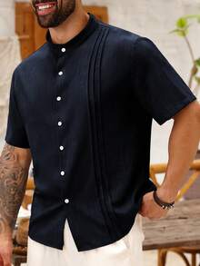 Manfinity Homme Camisa casual de manga corta de un solo pecho con pliegues de unicolor para hombres de talla grande - Azul Marino - View 6