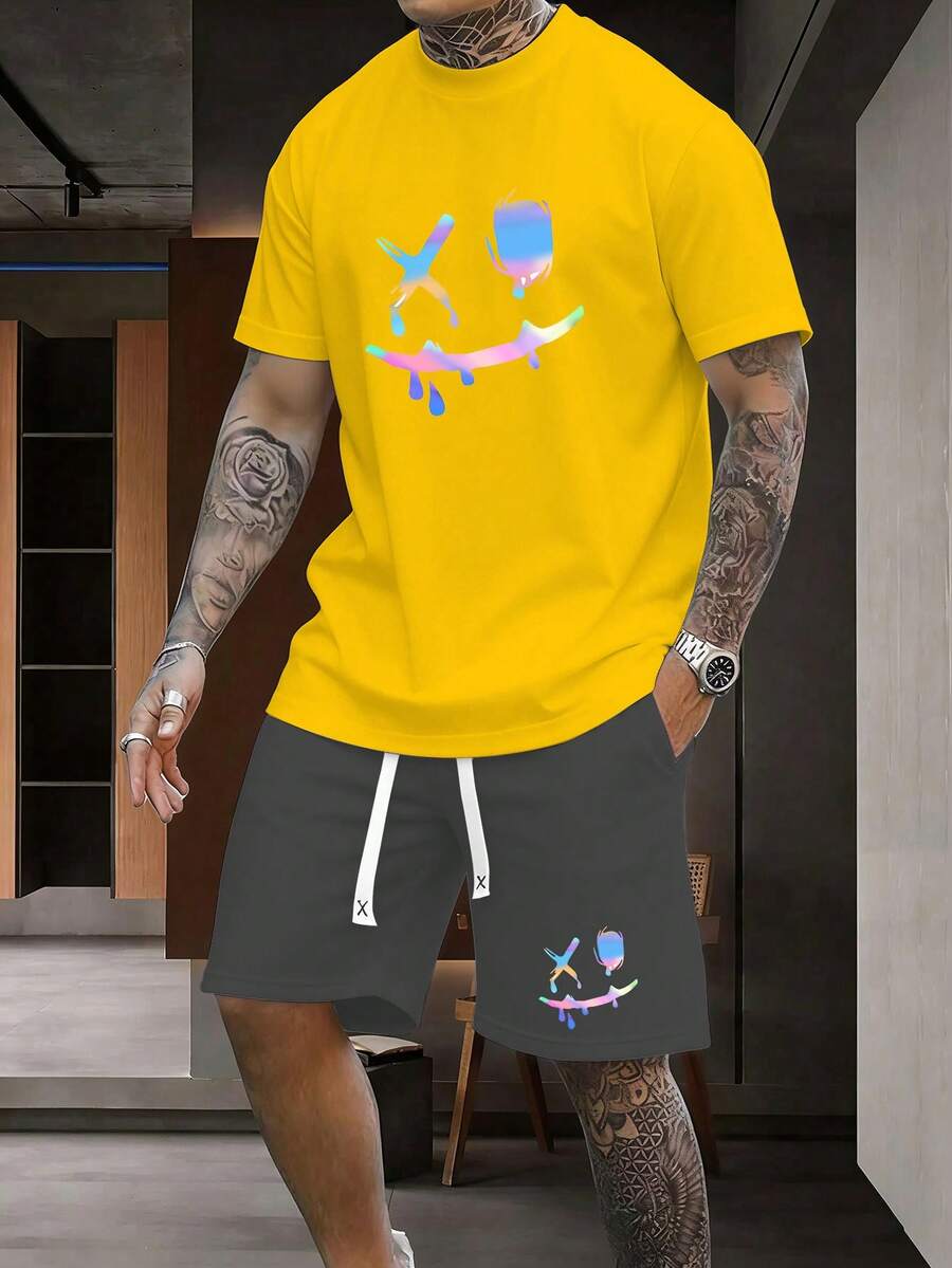 Manfinity Roughcore 2pcs Men's Round Neck Short Sleeve Fashionable Summer Top And Shorts Set - Multicolor - View 1