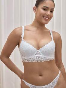 Bralution Women Sexy Elegant Solid Color Floral Lace Scallop Trim Push Up Underwire Instantlift Bra Lingerie - White - View 1