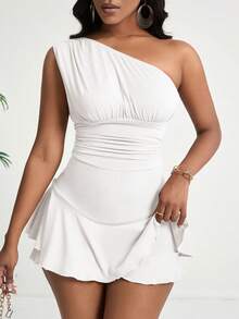 Zolique Women's Summer Solid Color Asymmetrical Neck Ruffle Trimmed Skinny Jumpsuit - White - View 3