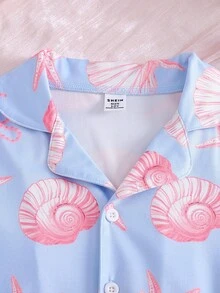 Conjunto de pijama de 2 piezas con top de manga corta y shorts con estampado de moños, elegante y de moda para niñas - Azul - Ver 7