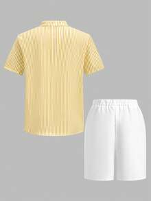 SHEIN 2pcs Tween Boy White Summer Casual Elegant Airport Business Outfit Sets,Short Sleeve Mandarin Collar Open Front Shirt&Straight Pants,Formal Wedding - Multicolor - View 4