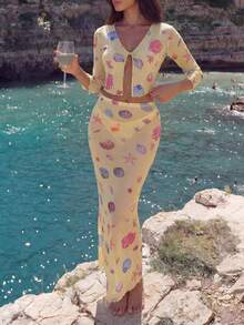 Swim Vcay 2pcs Beach Vacation Outfit, Shell & Starfish Digital Print Cover Up And Skirt Set, Spring/Summer - Multicolor - View 4