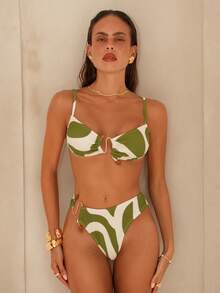 Swim Chiccia Women's Elegant Romantic Island Vacation Acrylic & Metal Decor Geometric Print Bikini Set - Olive Green - View 3