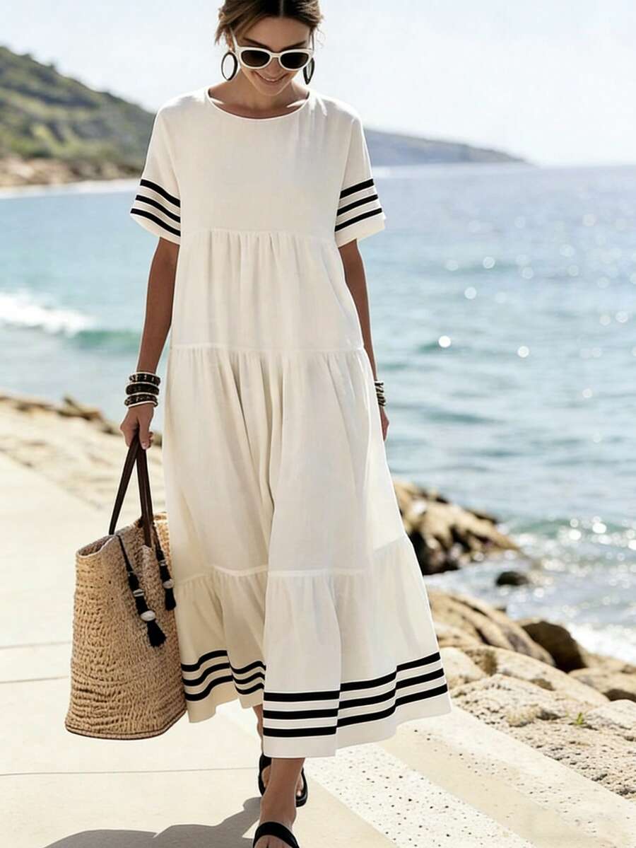 SHEIN Holidaya Đầm nữ cổ tròn tay ngắn màu mơ kẻ sọc, chất liệu vải dệt nhăn, thích hợp cho kỳ nghỉ: Đầm đi nghỉ mát, đầm màu mơ, đầm kẻ sọc, đầm thường ngày, đầm đi nghỉ lễ. Đầm đi biển, đầm hè, đầm thanh lịch, đầm dài mùa hè, đầm đi biển.