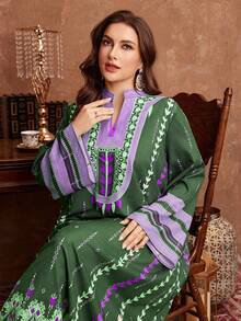 Al Najma Women's Loose Long Sleeve Floral Print Elegant Plus Size Arabian Dress - Multicolor - View 5