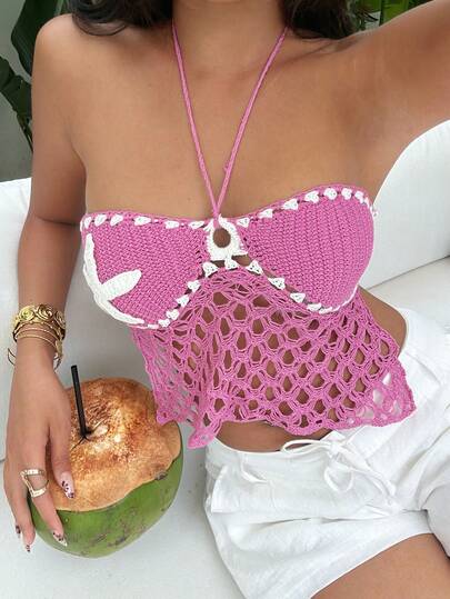 Aloruh Vår/sommar Ny stickad virkad färgblockshalterneck sömlös ihålig beskuren tight stickad topp, lämplig för musikfestivaler, ravefester, utflykter, sexig Y2K söt kontrastfärgad virkad beskuren topp, sexig semestervirkad halternecktopp