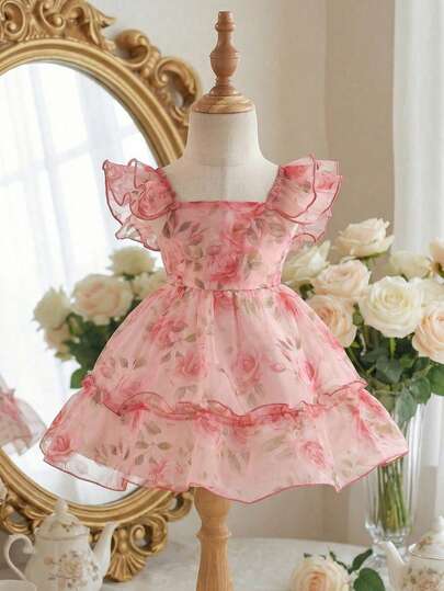 SHEIN Đầm mùa hè thanh lịch cho bé gái, chất liệu organza, họa tiết hoa, viền bèo nhún.