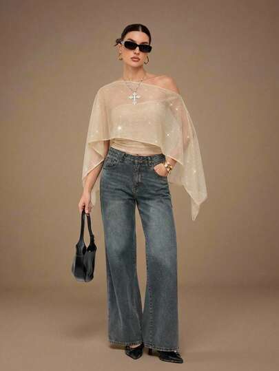 SHEIN Tall Women's Loose Asymmetrical Hem Glitter Sheer Shoulder Party Top,Sexy Tops, Autumn/Winter Thanksgiving And New Year