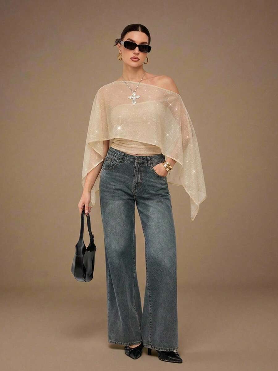 SHEIN Tall 女士宽松不对称下摆亮片透视露肩派对上衣，性感上衣，秋冬季感恩节和新年装扮