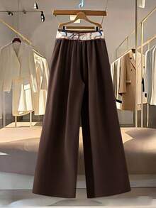 Franclia Calça feminina minimalista de cor sólida para uso diário, com lenço na cintura, elegante para o dia a dia. - Castanho - Ver 2