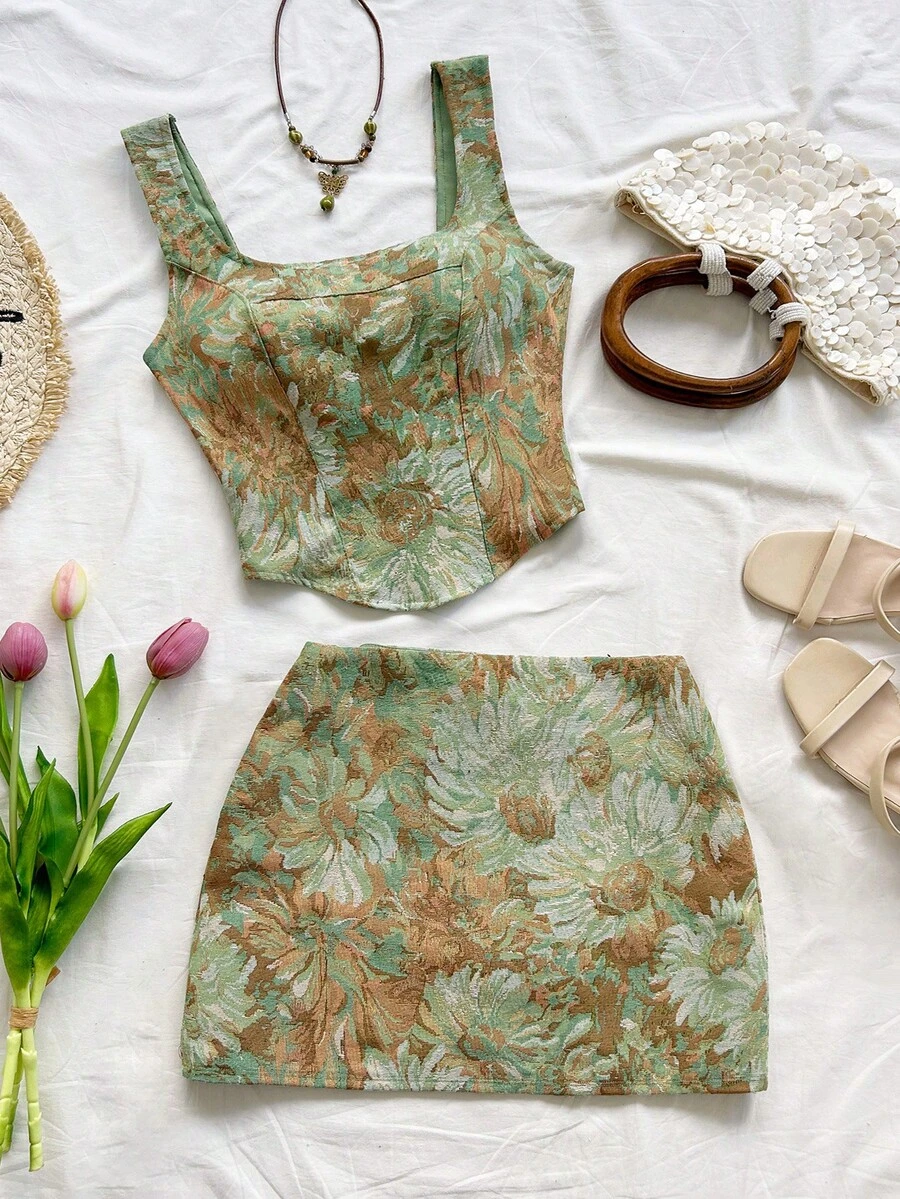 Soleia 女士复古蓝色宫廷风彩色花卉提花两件套：纽扣前开襟系带抹胸上衣，迷你裙，春夏款 - 綠色 - 查看 1