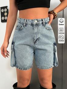Casual Washed Denim Cargo Shorts For Summer - Blue - View 1