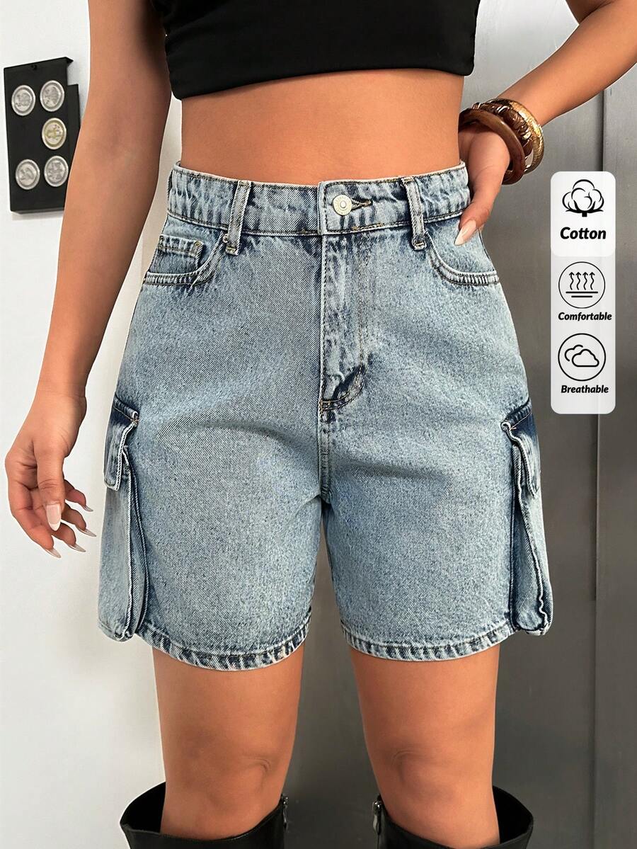 Casual Washed Denim Cargo Shorts For Summer - Blue - View 1