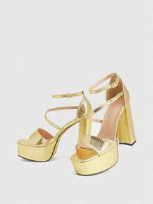 CUCCOO LuxiPop Giày sandal cao gót đế dày chống thấm nước dành cho nữ, kiểu dáng thời trang, đa năng, phù hợp cho công sở và hộp đêm, màu vàng và bạc. - Vàng - Xem 6