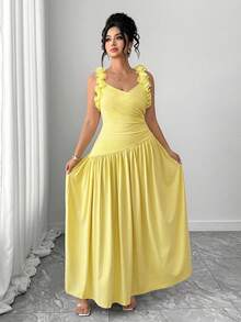 Elenzga Đầm nữ thanh lịch cổ chữ V, xếp ly vai, họa tiết hoa, thắt eo, màu vàng kem, thích hợp cho hẹn hò, du lịch, lễ hội âm nhạc, tiệc tùng và nhiều dịp khác, mùa xuân/hè. - Màu vàng - Xem 3