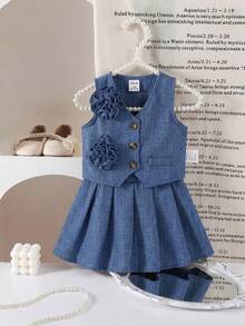 SHEIN Bộ đồ 2 món cho bé gái, thanh lịch, dễ thương, màu mơ, họa tiết hoa, gồm áo hai dây và chân váy xếp ly. - Màu xanh lam - Xem 3