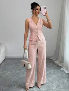 Elenzga Nuevo traje casual elegante para mujer, contraste de encaje con botones de perla, adecuado para citas del Día de San Valentín, Halloween, vuelta al colegio, traje de encaje de primavera/verano, traje de verano para mujer, atuendo profesional de oficina, atuendo de maestra, trayecto, ocio, vacaciones - Rosa - Ver 6