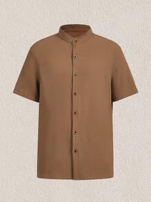 Mercer Haus Chemise tissée décontractée à fermeture boutonnée devant avec manches courtes, chemise beige clair, chemise pour hommes beige, chemise marron pour hommes, chemise marron à boutons, chemise à manches courtes à boutons, convient pour l'été, les vacances tropicales à Hawaï. - Tabac - Voir 5