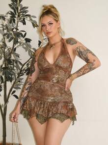Arliah Vestido mini ajustado con cuello halter, bloqueo de color, estampado de paisley, drapeado y bajo asimétrico, atuendo de club sexy para mujer - Café integral - Ver 1
