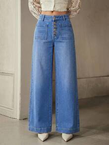 Selenza Quần Jeans Ống Rộng Nhiều Màu Trơn Có Túi Cài Nút Phía Trước Cho Nữ - Rửa trung bình - Xem 4